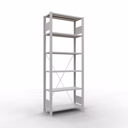 Abbildung Nr 10 des Artikels Grundregal, Büro-Fachbodenregal Stecksystem MULTIplus85, 2000 x 750 x 300 mm (HxBxT), 6 Fachböden, Kreuzstrebe, ohne Anschlagleiste, lichtgrau aus der Produktgruppe Büroregale von der Marke Schulte Lagertechnik