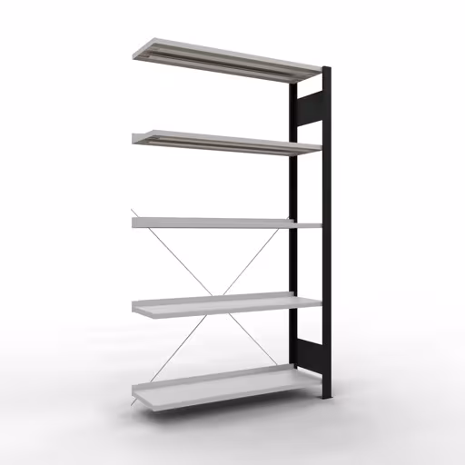 Anbauregal, Büro-Fachbodenregal Stecksystem MULTIplus85, 1800 x 1000 x 300 mm (HxBxT), 5 Fachböden, Kreuzstrebe, mit Anschlagleiste, schwarz/lichtgrau von der Marke Schulte Lagertechnik Anbauregal, Büro-Fachbodenregal Stecksystem MULTIplus85, 1800 x 1000 x 300 mm (HxBxT), 5 Fachböden, Kreuzstrebe, mit Anschlagleiste, schwarz/lichtgrau aus der Kategorie Stecksystem mit der Artikelnummer 36004-S