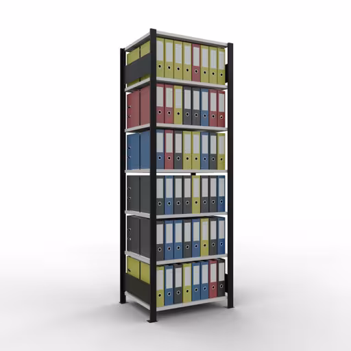 Grundregal, Büro-Fachbodenregal Stecksystem MULTIplus150, 2300 x 750 x 600 mm (HxBxT), 7 Fachböden, Längenriegel, ohne Mittelanschlag, schwarz/lichtgrau aus der Kategorie Stecksystem mit der GTIN 4004514250032 Grundregal, Büro-Fachbodenregal Stecksystem MULTIplus150, 2300 x 750 x 600 mm (HxBxT), 7 Fachböden, Längenriegel, ohne Mittelanschlag, schwarz/lichtgrau von der Marke Schulte Lagertechnik aus der Produktreihe Büroregale