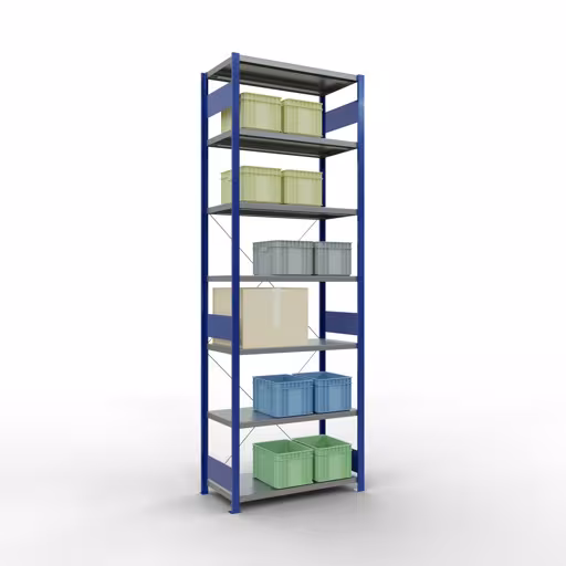 Grundregal, Fachbodenregal Stecksystem MULTIplus250, 3000 x 1000 x 500 mm (HxBxT), 7 Fachböden, Kreuzstrebe, RAL 5010 enzianblau/verzinkt von der Marke Schulte Lagertechnik aus der Produktreihe Stecksystem