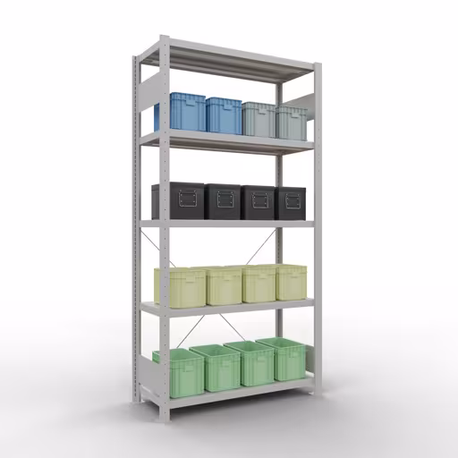 Produktbild Nr 12 des Artikels Grundregal, Fachbodenregal Stecksystem MULTIplus330, 2000 x 1000 x 400 mm (HxBxT), 5 Fachböden, Kreuzstrebe, RAL 7035 lichtgrau Abbildung Nr 12 des Artikels Grundregal, Fachbodenregal Stecksystem MULTIplus330, 2000 x 1000 x 400 mm (HxBxT), 5 Fachböden, Kreuzstrebe, RAL 7035 lichtgrau aus der Produktgruppe Stecksystem von der Marke Schulte Lagertechnik