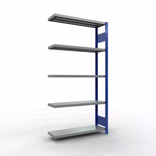 Anbauregal, Fachbodenregal Stecksystem MULTIplus250, 2000 x 1000 x 300 mm (HxBxT), 5 Fachböden, Längenriegel, RAL 5010 enzianblau/verzinkt aus der Kategorie Anbauregal mit der Artikelnummer 12935-LR-B