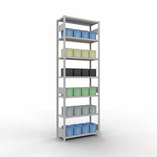 Grundregal, Fachbodenregal Stecksystem MULTIplus330, 3000 x 1000 x 400 mm (HxBxT), 7 Fachböden, Längenriegel, RAL 7035 lichtgrau von Schulte Lagertechnik mit der Artikelnr. 33842-LR