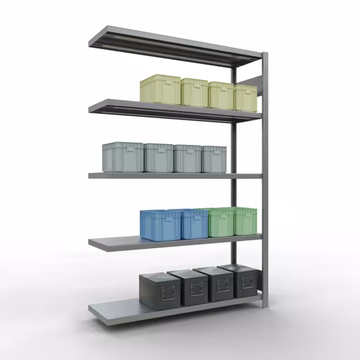 Anbauregal, Fachbodenregal Stecksystem MULTIplus250, 2000 x 1300 x 400 mm (HxBxT), 5 Fachböden, Längenriegel, verzinkt von Schulte Lagertechnik mit der Artikelnr. 12945-130-LR