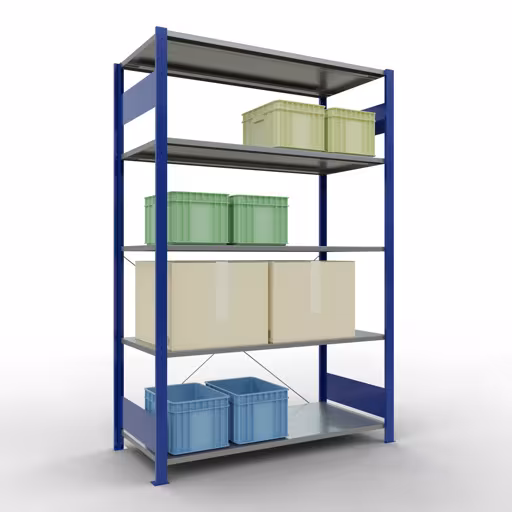 Zusatzbild des Artikels Grundregal, Fachbodenregal Stecksystem MULTIplus150, 2000 x 1300 x 600 mm (HxBxT), 5 Fachböden, Kreuzstrebe, RAL 5010 enzianblau/verzinkt aus Grundregal