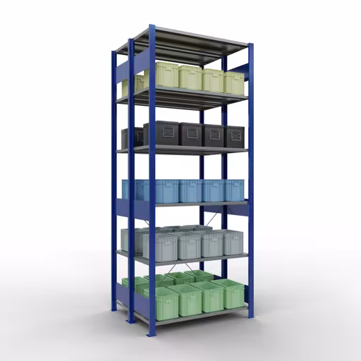 Grundregal, Doppelregal, Fachbodenregal Stecksystem MULTIplus150, 2500 x 1000 x (2x400) mm (HxBxT), 2x6 Fachböden, Kreuzstrebe, RAL 5010 enzianblau von Schulte Lagertechnik aus der Kategorie Fachbodenregale