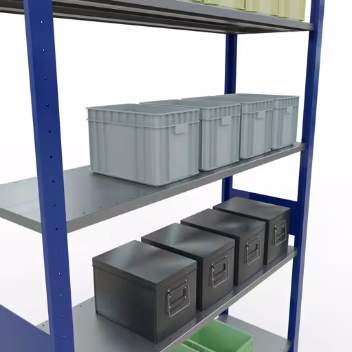 Grundregal, Fachbodenregal Stecksystem MULTIplus150, 3000 x 1300 x 400 mm (HxBxT), 7 Fachböden, Längenriegel, RAL 5010 enzianblau/verzinkt mit der GTIN 4004514280046 Grundregal, Fachbodenregal Stecksystem MULTIplus150, 3000 x 1300 x 400 mm (HxBxT), 7 Fachböden, Längenriegel, RAL 5010 enzianblau/verzinkt von Schulte Lagertechnik mit der Artikelnr. 12742-130-LR-B