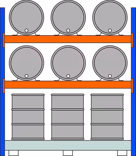 Grundregal, Fassregal, 2500 x 2225 x 800 mm, blau/verzinkt/RAL 2004, 2 Ebenen für je 3 Fässer 200 l liegend; 1 Bodenwanne 2205 x 1100 mm aus der Kategorie Fassregale mit der Artikelnummer 46974