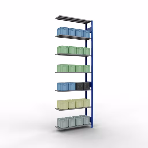 Anbauregal, Fachbodenregal Stecksystem MULTIplus150, 3000 x 1000 x 300 mm (HxBxT), 7 Fachböden, Längenriegel, RAL 5010 enzianblau/verzinkt von der Marke Schulte Lagertechnik aus der Produktreihe Stecksystem