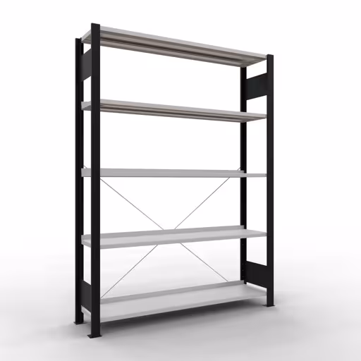 Grundregal, Büro-Fachbodenregal Stecksystem MULTIplus85, 1800 x 1300 x 300 mm (HxBxT), 5 Fachböden, Kreuzstrebe, mit Anschlagleiste, schwarz/lichtgrau von der Marke Schulte Lagertechnik Grundregal, Büro-Fachbodenregal Stecksystem MULTIplus85, 1800 x 1300 x 300 mm (HxBxT), 5 Fachböden, Kreuzstrebe, mit Anschlagleiste, schwarz/lichtgrau aus der Kategorie Stecksystem mit der Artikelnummer 36002-S