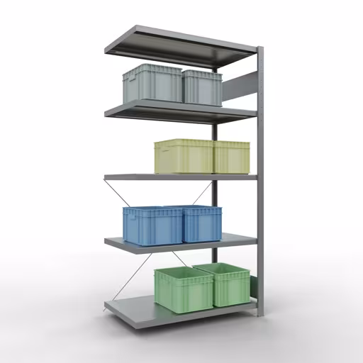 Abbildung Nr 10 des Artikels Anbauregal, Fachbodenregal Stecksystem MULTIplus330, 2000 x 1000 x 600 mm (HxBxT), 5 Fachböden, Kreuzstrebe, verzinkt aus der Produktgruppe Stecksystem von der Marke Schulte Lagertechnik
