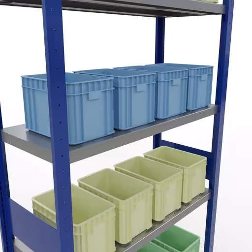 Abbildung Nr 11 des Artikels Grundregal, Fachbodenregal Stecksystem MULTIplus330, 3000 x 1000 x 400 mm (HxBxT), 7 Fachböden, Längenriegel, RAL 5010 enzianblau/verzinkt aus der Produktgruppe Stecksystem von der Marke Schulte Lagertechnik