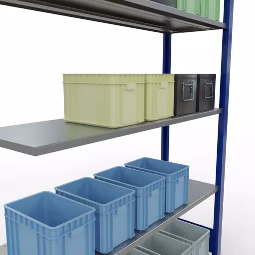 Produktbild Nr.12 des Artikels Anbauregal, Fachbodenregal Stecksystem MULTIplus150, 2000 x 1300 x 400 mm (HxBxT), 5 Fachböden, Längenriegel, RAL 5010 enzianblau/verzinkt aus der Produktreihe Stecksystem von der Marke Schulte Lagertechnik