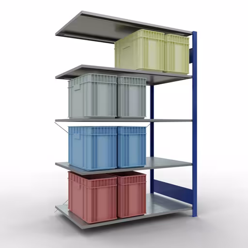 Produktbild Nr.11 des Artikels Anbauregal, Fachbodenregal Stecksystem MULTIplus150, 2000 x 1300 x 800 mm (HxBxT), 5 Fachböden, Kreuzstrebe, RAL 5010 enzianblau/verzinkt aus der Produktreihe Stecksystem von der Marke Schulte Lagertechnik