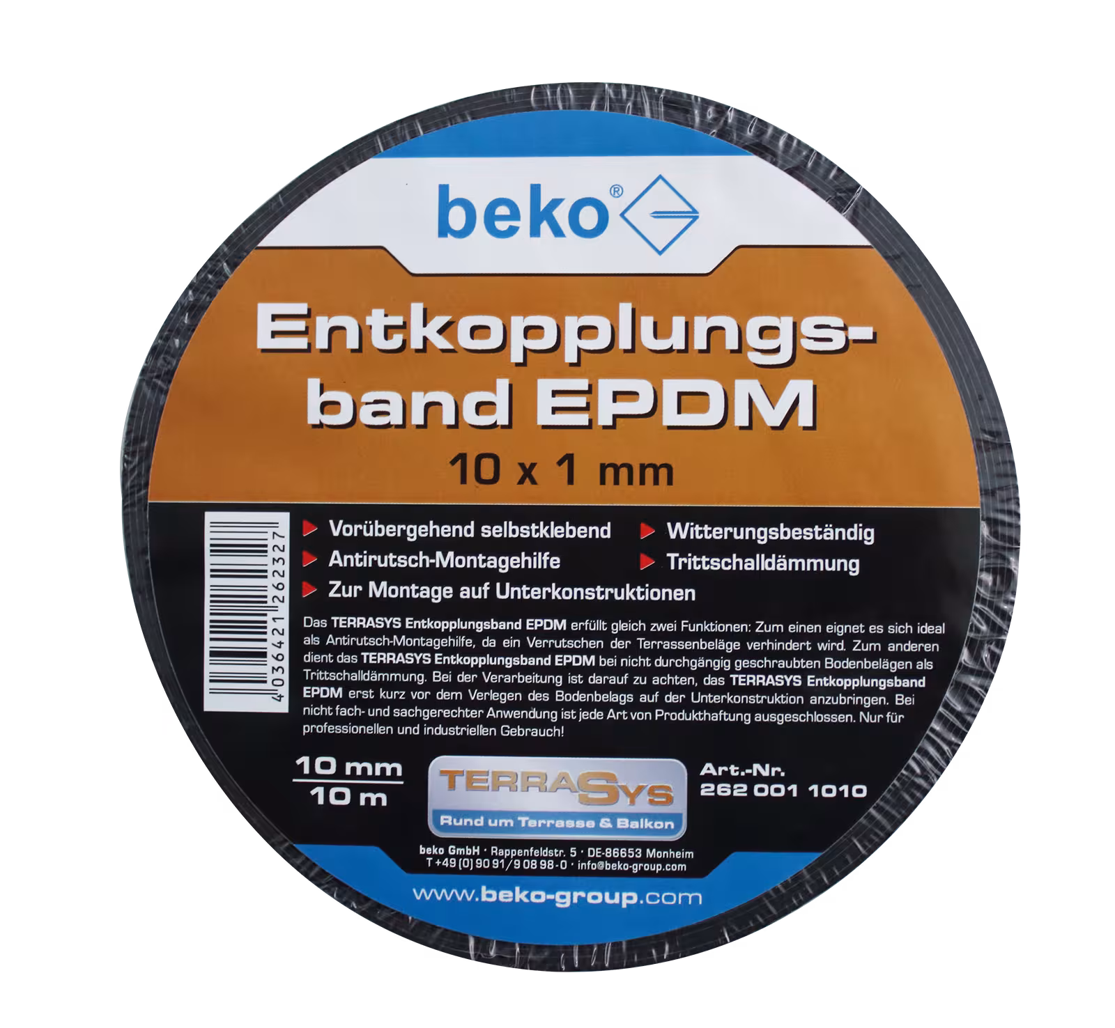 TERRASYS Entkopplungsband EPDM, 10 x 1 mm, schwarz, 1 Rolle à 10 m aus der Kategorie Montagezubehör mit der Artikelnr. 262 001 1010