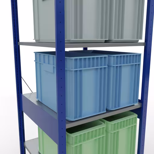 Grundregal, Fachbodenregal Stecksystem MULTIplus150, 2500 x 750 x 800 mm (HxBxT), 6 Fachböden, Kreuzstrebe, RAL 5010 enzianblau/verzinkt/verzinkt mit der GTIN 4004514281340 Grundregal, Fachbodenregal Stecksystem MULTIplus150, 2500 x 750 x 800 mm (HxBxT), 6 Fachböden, Kreuzstrebe, RAL 5010 enzianblau/verzinkt/verzinkt von Schulte Lagertechnik mit der Artikelnr. 12781-75-B