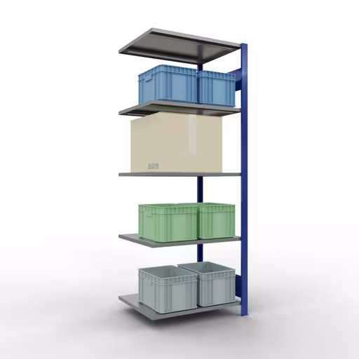 Anbauregal, Fachbodenregal Stecksystem MULTIplus150, 2000 x 750 x 600 mm (HxBxT), 5 Fachböden, Längenriegel, RAL 5010 enzianblau/verzinkt/verzinkt von der Marke Schulte Lagertechnik aus der Produktreihe Stecksystem