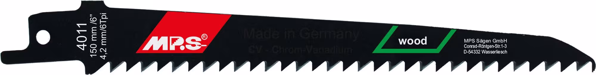 CV-Säbelsägeblatt gefräst und geschränkt GL 150/VL 130mm, ZT 4,2mm aus der Kategorie Säbelsägeblatt mit der GTIN 4028655040116 CV-Säbelsägeblatt gefräst und geschränkt zur Bearbeitung von Holz, Holzfaserplatten und Kunststoffen von der Marke MPS aus der Kategorie Säbelsägeblatt