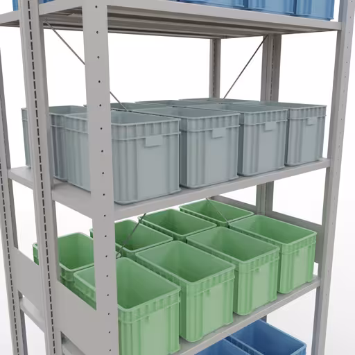 Zusatzbild des Artikels Grundregal, Doppelregal, Fachbodenregal Stecksystem MULTIplus150, 3000 x 1000 x (2x600) mm (HxBxT), 2x7 Fachböden, Kreuzstrebe, RAL 7035 lichtgrau aus Doppelregale