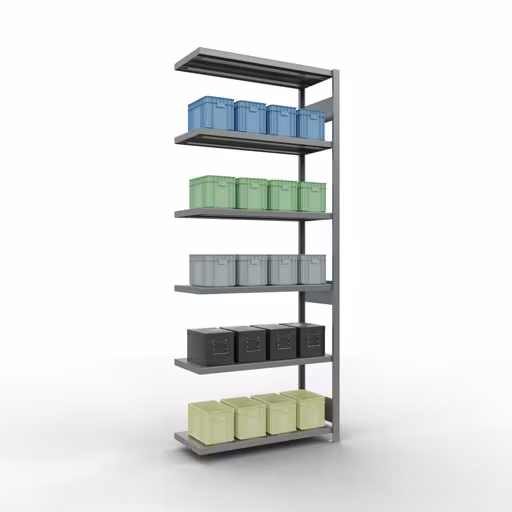 Produktbild Nr 15 des Artikels Anbauregal, Fachbodenregal Stecksystem MULTIplus330, 2500 x 1000 x 400 mm (HxBxT), 6 Fachböden, Längenriegel, verzinkt Abbildung Nr 15 des Artikels Anbauregal, Fachbodenregal Stecksystem MULTIplus330, 2500 x 1000 x 400 mm (HxBxT), 6 Fachböden, Längenriegel, verzinkt aus der Produktgruppe Stecksystem von der Marke Schulte Lagertechnik