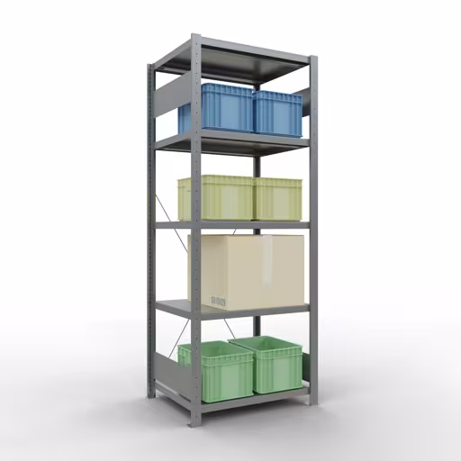 Grundregal, Fachbodenregal Stecksystem MULTIplus250, 2000 x 750 x 600 mm (HxBxT), 5 Fachböden, Kreuzstrebe, verzinkt von Schulte Lagertechnik mit der Artikelnr. 12960-75