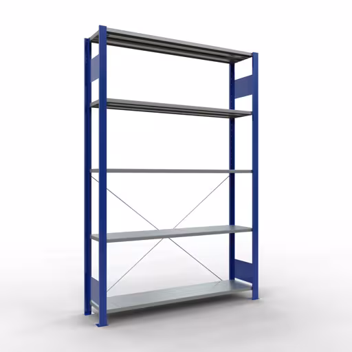 Grundregal, Fachbodenregal Stecksystem MULTIplus150, 2000 x 1300 x 300 mm (HxBxT), 5 Fachböden, Kreuzstrebe, RAL 5010 enzianblau/verzinkt aus der Kategorie Grundregal mit der Artikelnummer 12730-130-B