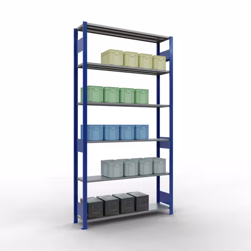 Grundregal, Fachbodenregal Stecksystem MULTIplus150, 2500 x 1300 x 300 mm (HxBxT), 6 Fachböden, Längenriegel, RAL 5010 enzianblau/verzinkt mit der GTIN 4004514279514 Grundregal, Fachbodenregal Stecksystem MULTIplus150, 2500 x 1300 x 300 mm (HxBxT), 6 Fachböden, Längenriegel, RAL 5010 enzianblau/verzinkt von Schulte Lagertechnik mit der Artikelnr. 12731-130-LR-B