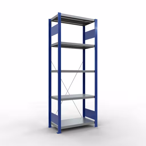Grundregal, Fachbodenregal Stecksystem MULTIplus250, 2000 x 750 x 400 mm (HxBxT), 5 Fachböden, Kreuzstrebe, RAL 5010 enzianblau/verzinkt/verzinkt aus der Kategorie Grundregal mit der Artikelnummer 12940-75-B