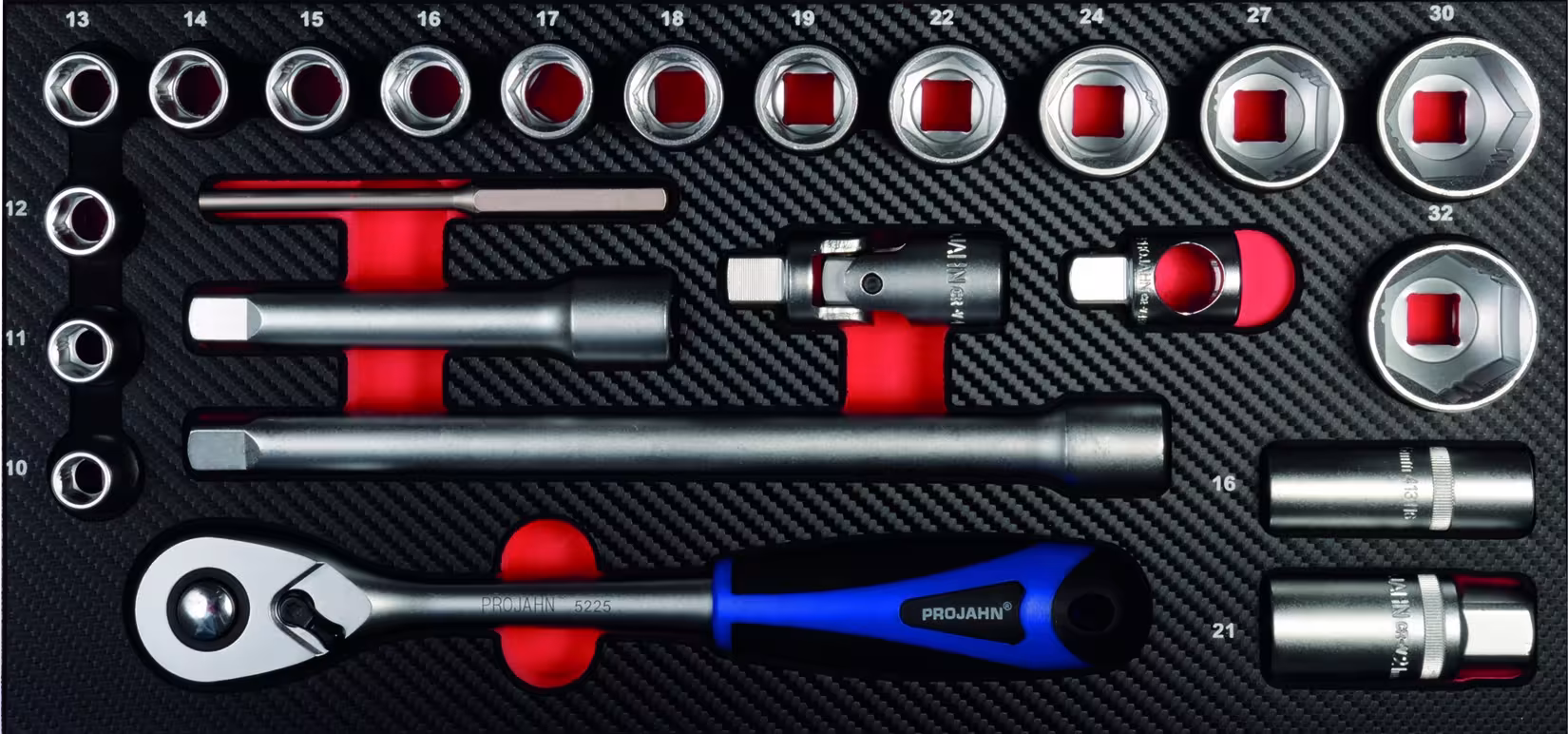 Einlage Xi-on Steckschlüssel-Einsätze metrisch 12,5 Ausführung Variante: 1/2" Xi-on Werkzeug-Satz Einlage 23 teilig mit der GTIN 4000146014776 1/2" Xi-on Werkzeug-Satz Einlage 23tlg von PROJAHN mit der Artikelnr. 5999-531