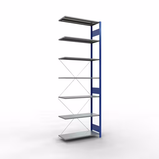 Anbauregal, Fachbodenregal Stecksystem MULTIplus150, 3000 x 1000 x 400 mm (HxBxT), 7 Fachböden, Kreuzstrebe, RAL 5010/verzinkt aus der Kategorie Anbauregal mit der Artikelnummer 12747-B