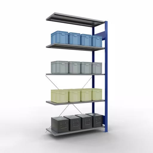 Anbauregal, Fachbodenregal Stecksystem MULTIplus150, 2000 x 1000 x 400 mm (HxBxT), 5 Fachböden, Kreuzstrebe, RAL 5010/verzinkt von der Marke Schulte Lagertechnik aus der Produktreihe Stecksystem