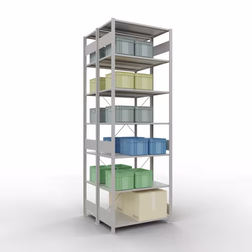 Andere Ansicht des Artikels Grundregal, Doppelregal, Fachbodenregal Stecksystem MULTIplus150, 3000 x 1000 x (2x1000) mm (HxBxT), 2x7 Fachböden, Kreuzstrebe, RAL 7035 lichtgrau aus der Kategorie Fachbodenregale