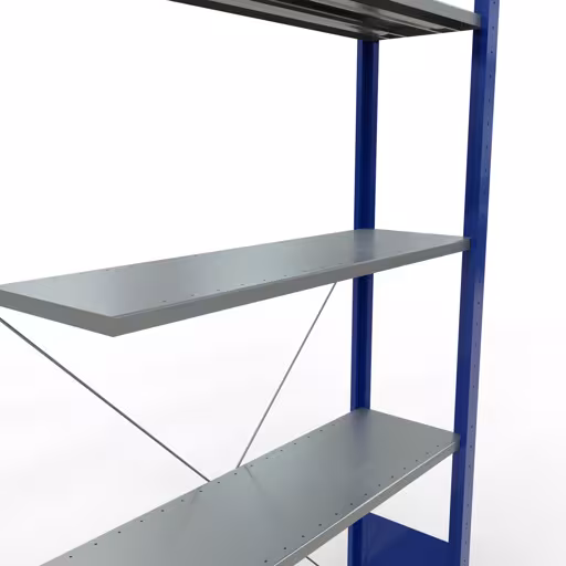 Abbildung Nr 8 des Artikels Anbauregal, Fachbodenregal Stecksystem MULTIplus85, 2000 x 1000 x 300 mm (HxBxT), 5 Fachböden, Kreuzstrebe, RAL 5010 enzianblau aus der Produktgruppe Stecksystem von der Marke Schulte Lagertechnik