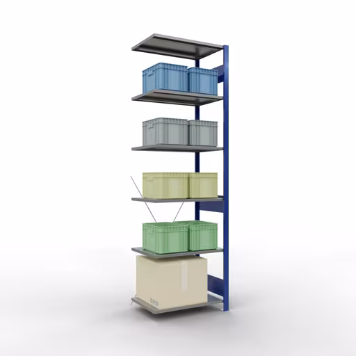 Anbauregal, Fachbodenregal Stecksystem MULTIplus150, 2500 x 750 x 500 mm (HxBxT), 6 Fachböden, Kreuzstrebe, RAL 5010 enzianblau/verzinkt/verzinkt mit der Artikelnr. 12756-75-B Anbauregal, Fachbodenregal Stecksystem MULTIplus150, 2500 x 750 x 500 mm (HxBxT), 6 Fachböden, Kreuzstrebe, RAL 5010 enzianblau/verzinkt/verzinkt von Schulte Lagertechnik aus der Kategorie Stecksystem