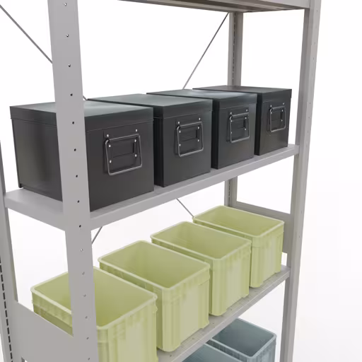 Produktbild Nr 15 des Artikels Grundregal, Fachbodenregal Stecksystem MULTIplus85, 3000 x 1000 x 300 mm (HxBxT), 7 Fachböden, Kreuzstrebe, RAL 7035 lichtgrau Abbildung Nr 15 des Artikels Grundregal, Fachbodenregal Stecksystem MULTIplus85, 3000 x 1000 x 300 mm (HxBxT), 7 Fachböden, Kreuzstrebe, RAL 7035 lichtgrau aus der Produktgruppe Stecksystem von der Marke Schulte Lagertechnik