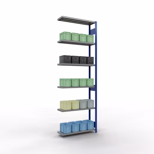 Anbauregal, Fachbodenregal Stecksystem MULTIplus250, 3000 x 1000 x 300 mm (HxBxT), 7 Fachböden, Längenriegel, RAL 5010 enzianblau/verzinkt von Schulte Lagertechnik mit der Artikelnr. 12937-LR-B