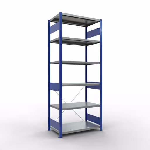 Grundregal, Fachbodenregal Stecksystem MULTIplus330, 2500 x 1000 x 600 mm (HxBxT), 6 Fachböden, Kreuzstrebe, RAL 5010 enzianblau/verzinkt aus der Kategorie Grundregal mit der Artikelnummer 13961-B