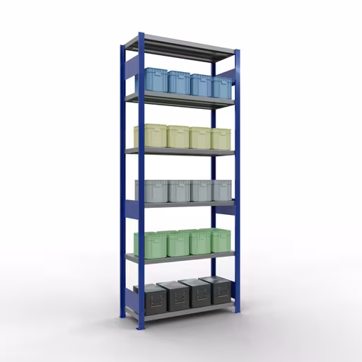 Grundregal, Fachbodenregal Stecksystem MULTIplus250, 2500 x 1000 x 400 mm (HxBxT), 6 Fachböden, Längenriegel, RAL 5010 enzianblau/verzinkt von der Marke Schulte Lagertechnik aus der Produktreihe Stecksystem