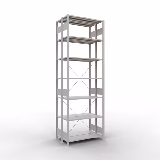 Grundregal, Doppelregal, Fachbodenregal Stecksystem MULTIplus150, 3000 x 1000 x (2x600) mm (HxBxT), 2x7 Fachböden, Kreuzstrebe, RAL 7035 lichtgrau aus der Kategorie Doppelregale mit der Artikelnummer 32732