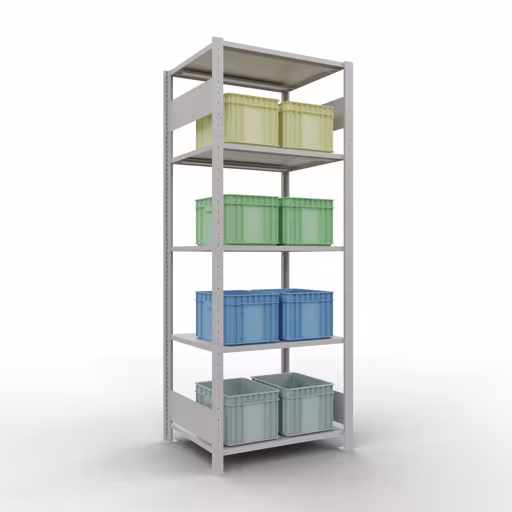 Grundregal, Fachbodenregal Stecksystem MULTIplus150, 2000 x 750 x 600 mm (HxBxT), 5 Fachböden, Längenriegel, RAL 7035 lichtgrau von Schulte Lagertechnik aus der Kategorie Stecksystem