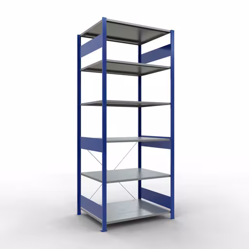 Grundregal, Fachbodenregal Stecksystem MULTIplus150, 2500 x 1000 x 800 mm (HxBxT), 6 Fachböden, Kreuzstrebe, RAL 5010/verzinkt aus der Kategorie Grundregal mit der Artikelnummer 12581-B