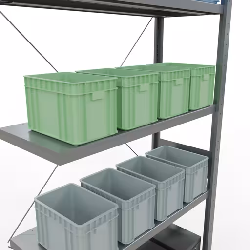 Produktbild Nr.8 des Artikels Anbauregal, Fachbodenregal Stecksystem MULTIplus250, 3000 x 1000 x 400 mm (HxBxT), 7 Fachböden, Kreuzstrebe, verzinkt aus der Produktreihe Stecksystem von der Marke Schulte Lagertechnik
