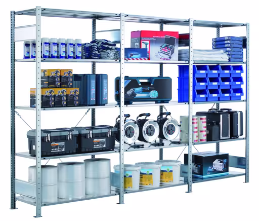 Abbildung Nr 12 des Artikels Anbauregal, Fachbodenregal Stecksystem MULTIplus85, 3000 x 1000 x 600 mm (HxBxT), 7 Fachböden, Kreuzstrebe, RAL 5010 enzianblau aus der Produktgruppe Stecksystem von der Marke Schulte Lagertechnik