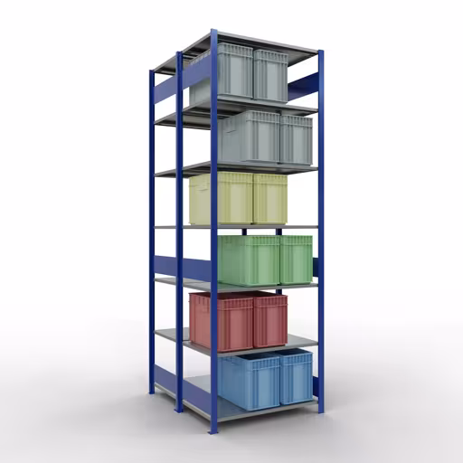 Produktbild Nr.6 des Artikels Grundregal, Doppelregal, Fachbodenregal Stecksystem MULTIplus150, 3000 x 1000 x (2x600) mm (HxBxT), 2x7 Fachböden, Längenriegel, RAL 5010 enzianblau aus der Produktreihe Fachbodenregale von der Marke Schulte Lagertechnik