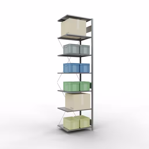 Anbauregal, Fachbodenregal Stecksystem MULTIplus150, 3000 x 750 x 600 mm (HxBxT), 7 Fachböden, Kreuzstrebe, verzinkt von der Marke Schulte Lagertechnik aus der Produktreihe Stecksystem