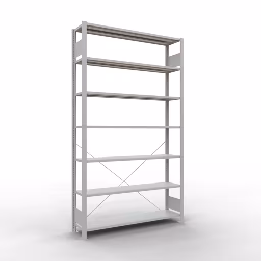 Grundregal, Büro-Fachbodenregal Stecksystem MULTIplus85, 2300 x 1300 x 300 mm (HxBxT), 7 Fachböden, Kreuzstrebe, ohne Anschlagleiste, lichtgrau von der Marke Schulte Lagertechnik Grundregal, Büro-Fachbodenregal Stecksystem MULTIplus85, 2300 x 1300 x 300 mm (HxBxT), 7 Fachböden, Kreuzstrebe, ohne Anschlagleiste, lichtgrau aus der Kategorie Stecksystem mit der Artikelnummer 36032