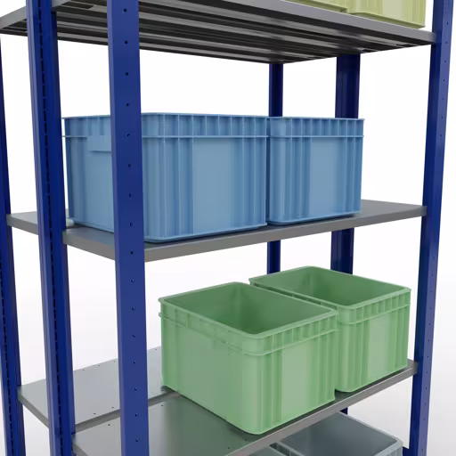 Andere Ansicht des Artikels Grundregal, Doppelregal, Fachbodenregal Stecksystem MULTIplus150, 2000 x 1000 x (2x300) mm (HxBxT), 2x5 Fachböden, Längenriegel, RAL 5010 enzianblau aus der Kategorie Fachbodenregale