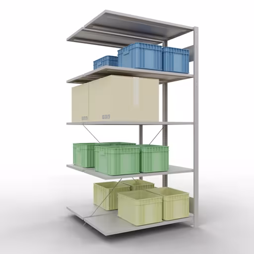 Anbauregal, Doppelregal, Fachbodenregal Stecksystem MULTIplus150, 2000 x 1000 x (2x500) mm (HxBxT), 2x5 Fachböden, Kreuzstrebe, RAL 7035 lichtgrau mit der Artikelnr. 32755 Anbauregal, Doppelregal, Fachbodenregal Stecksystem MULTIplus150, 2000 x 1000 x (2x500) mm (HxBxT), 2x5 Fachböden, Kreuzstrebe, RAL 7035 lichtgrau von Schulte Lagertechnik aus der Kategorie Fachbodenregale