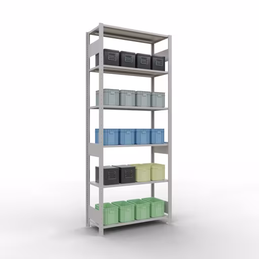 Andere Ansicht des Artikels Grundregal, Fachbodenregal Stecksystem MULTIplus150, 2500 x 1000 x 400 mm (HxBxT), 6 Fachböden, Längenriegel, RAL 7035 lichtgrau aus der Kategorie Stecksystem