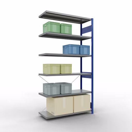 Abbildung Nr 14 des Artikels Anbauregal, Fachbodenregal Stecksystem MULTIplus250, 2500 x 1300 x 500 mm (HxBxT), 6 Fachböden, Kreuzstrebe, RAL 5010 enzianblau/verzinkt aus der Produktgruppe Stecksystem von der Marke Schulte Lagertechnik